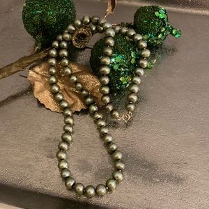 6mm Near Round Pistachio Ice Green FW Pearl Strand Necklace 14K Spring Clasp